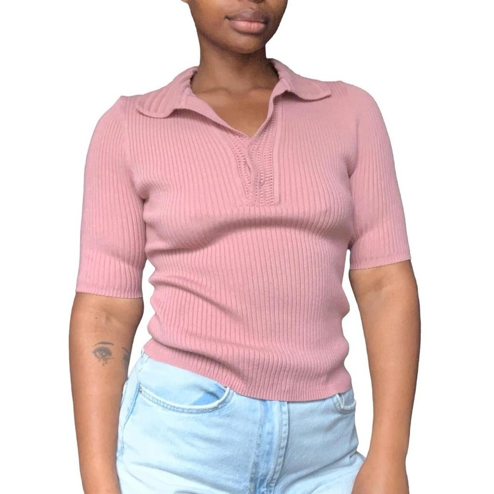 Pink Ribbed Knit Polo Top